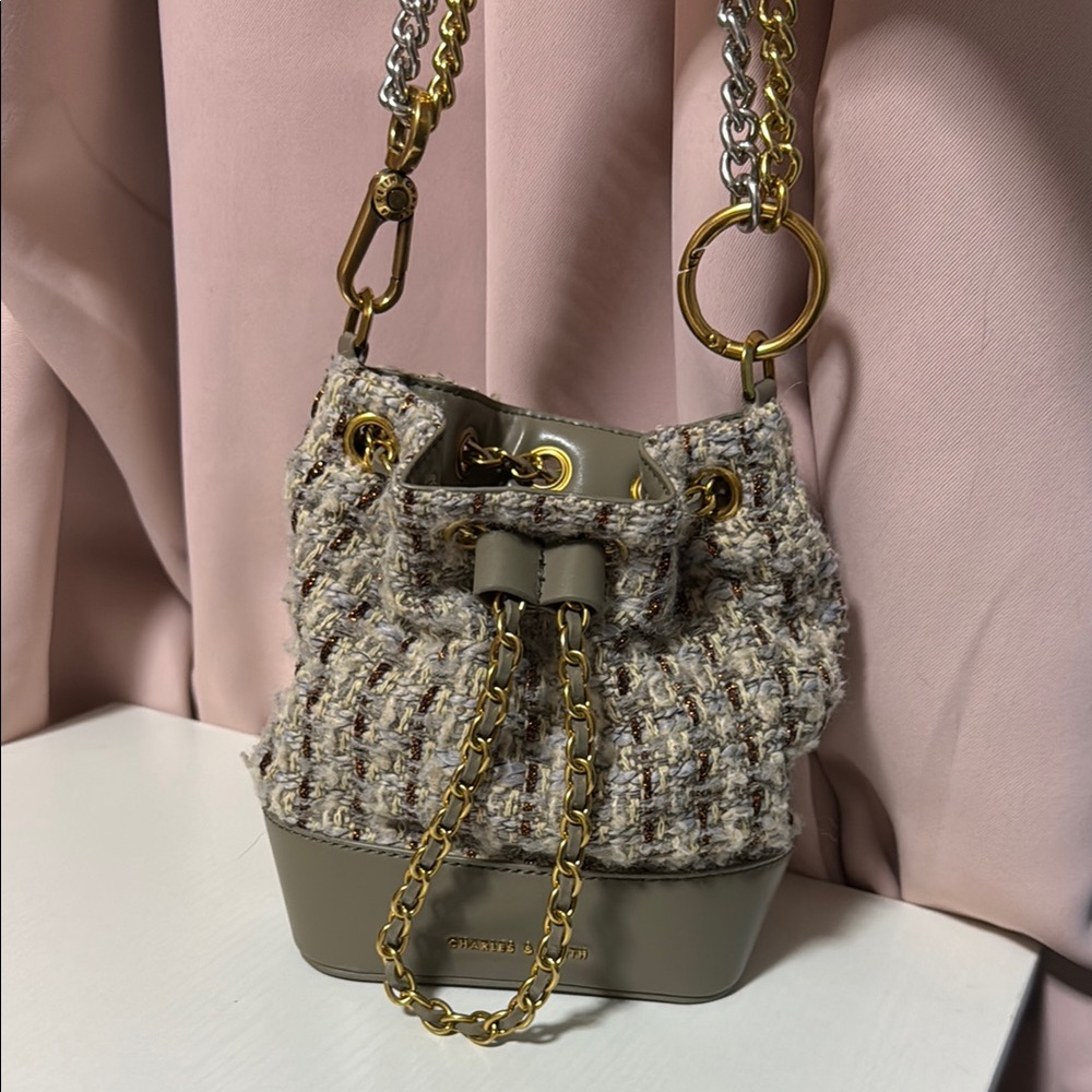Charles & Keith Tweed Bucket Bag with Chain Strap